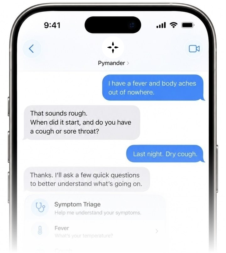 A Pymander text conversation about fever and body aches, with a symptom triage card